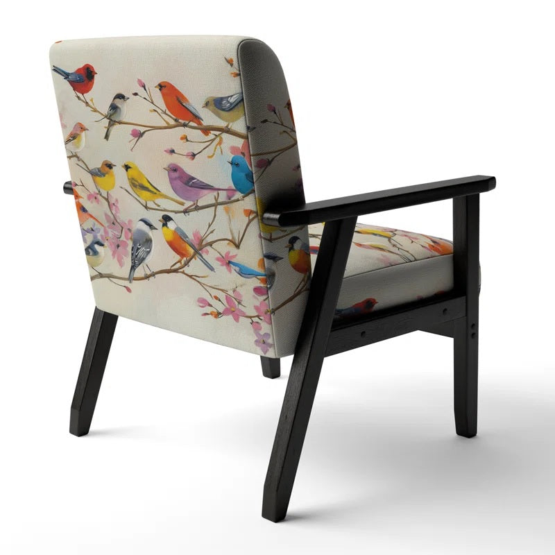 Multi-Color Bird On Tree - Velvet Upholstered Farmhouse Accent Arm Chair