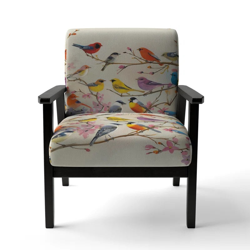 Multi-Color Bird On Tree - Velvet Upholstered Farmhouse Accent Arm Chair