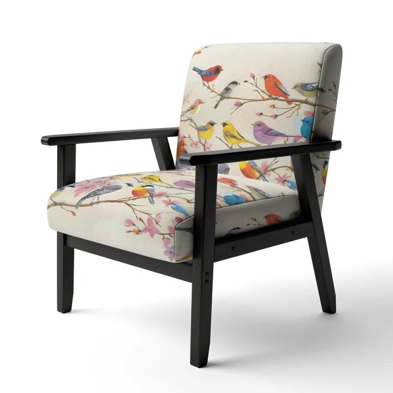 Multi-Color Bird On Tree - Velvet Upholstered Farmhouse Accent Arm Chair